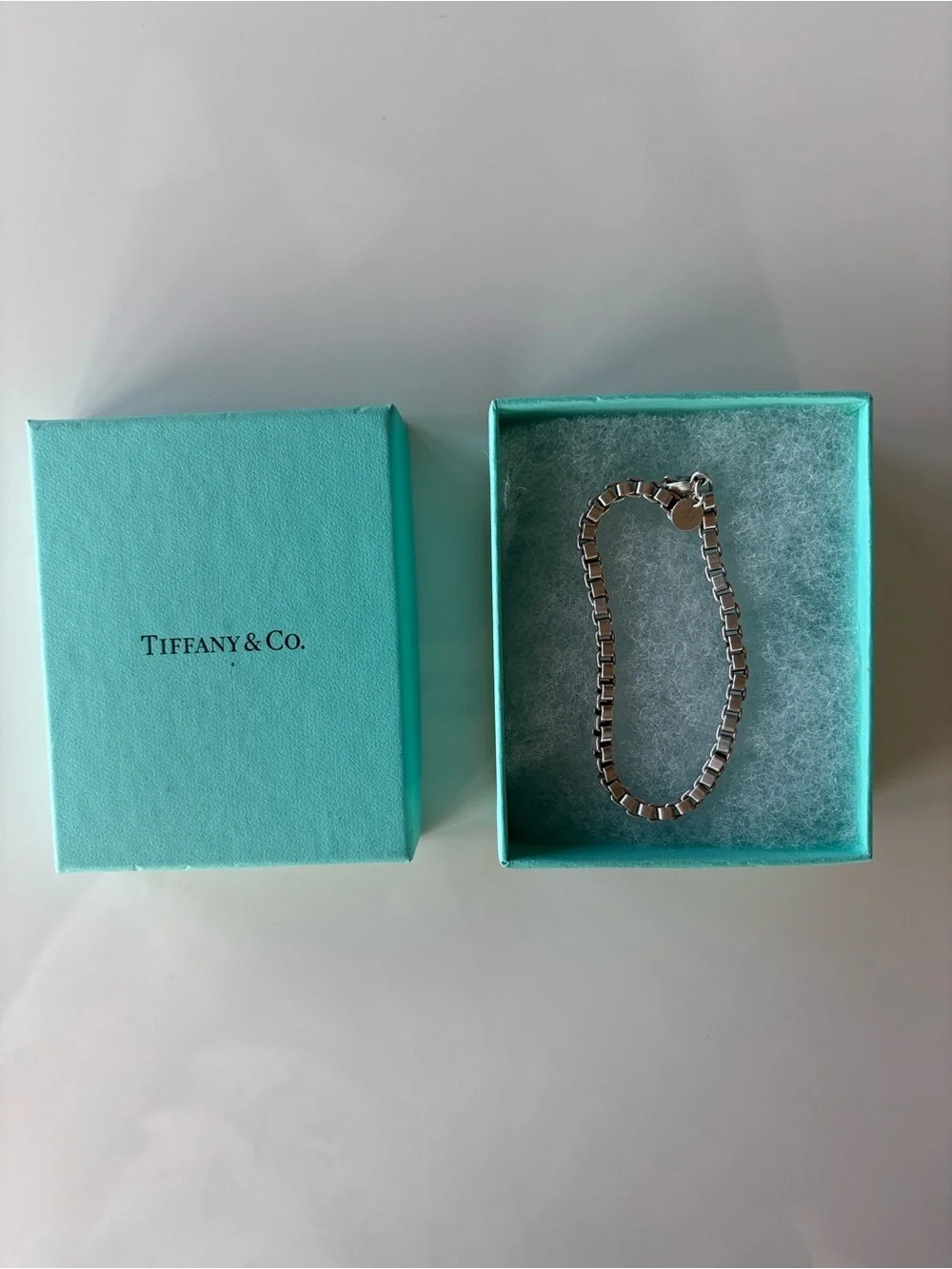 Tiffany & Co. Silver Box Link Bracelet with Signature Blue Box